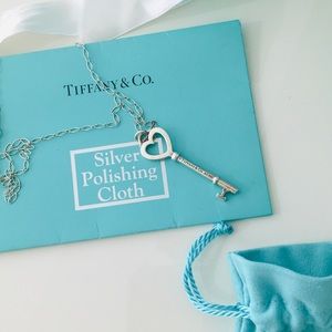 Tiffany & Co Silver Large 2 Heart Key Charm Pendant Large 24 Oval Chain Necklace